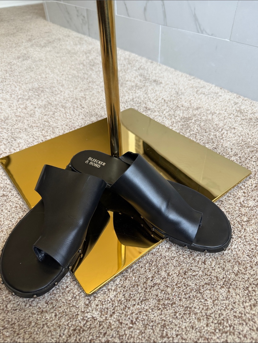 Bleecker & Bond Heidi Black Leather Studded Asymmetric Slide Sandals size 11